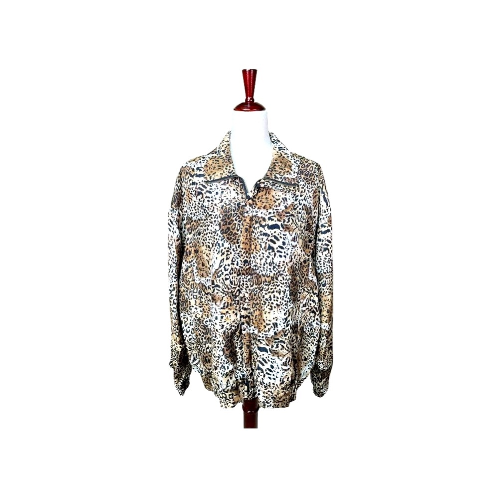 FUDA International Animal Print Silk Bomber Jacket and Black Silk Pants Set//XL